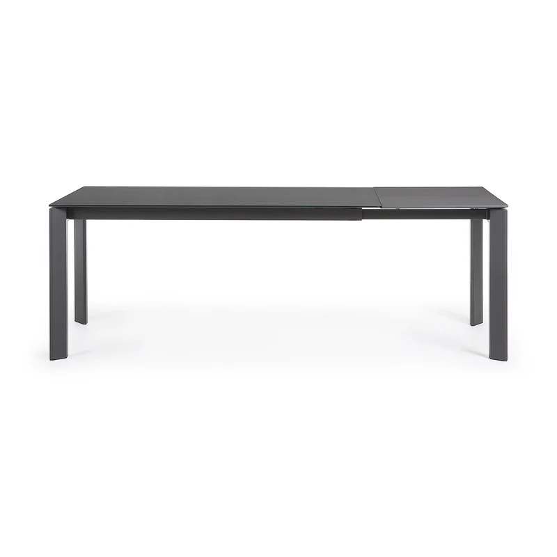 Axis extendable table in grey glass with steel legs in a dark grey finish, 160 (220) cm
