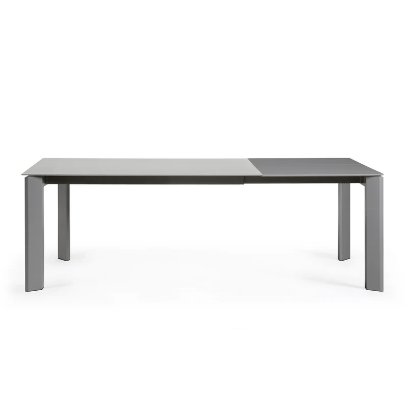 Axis extendable table in grey glass with steel legs in a dark grey finish, 160 (220) cm