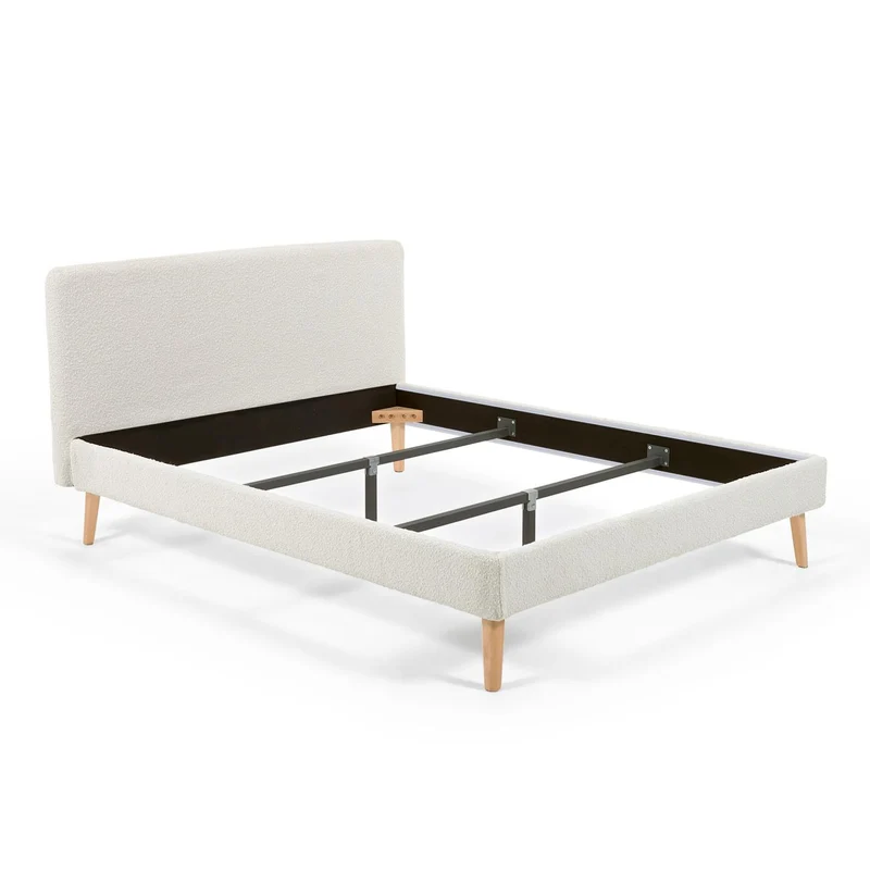 Dyla bed in white bouclé, with solid beech wood legs for a 160 x 200 cm mattress