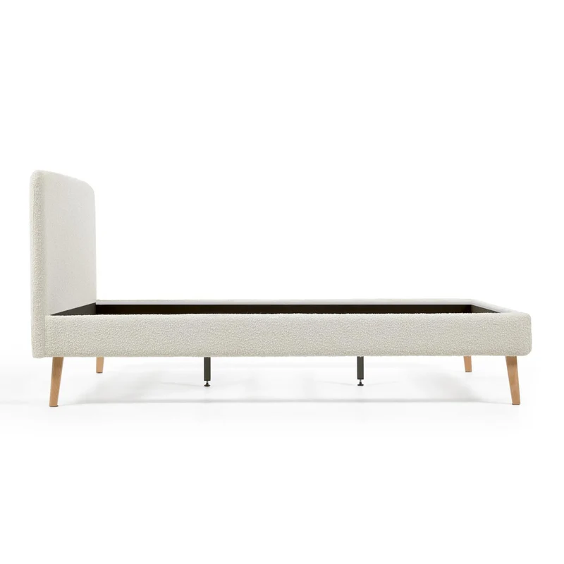 Dyla bed in white bouclé, with solid beech wood legs for a 160 x 200 cm mattress