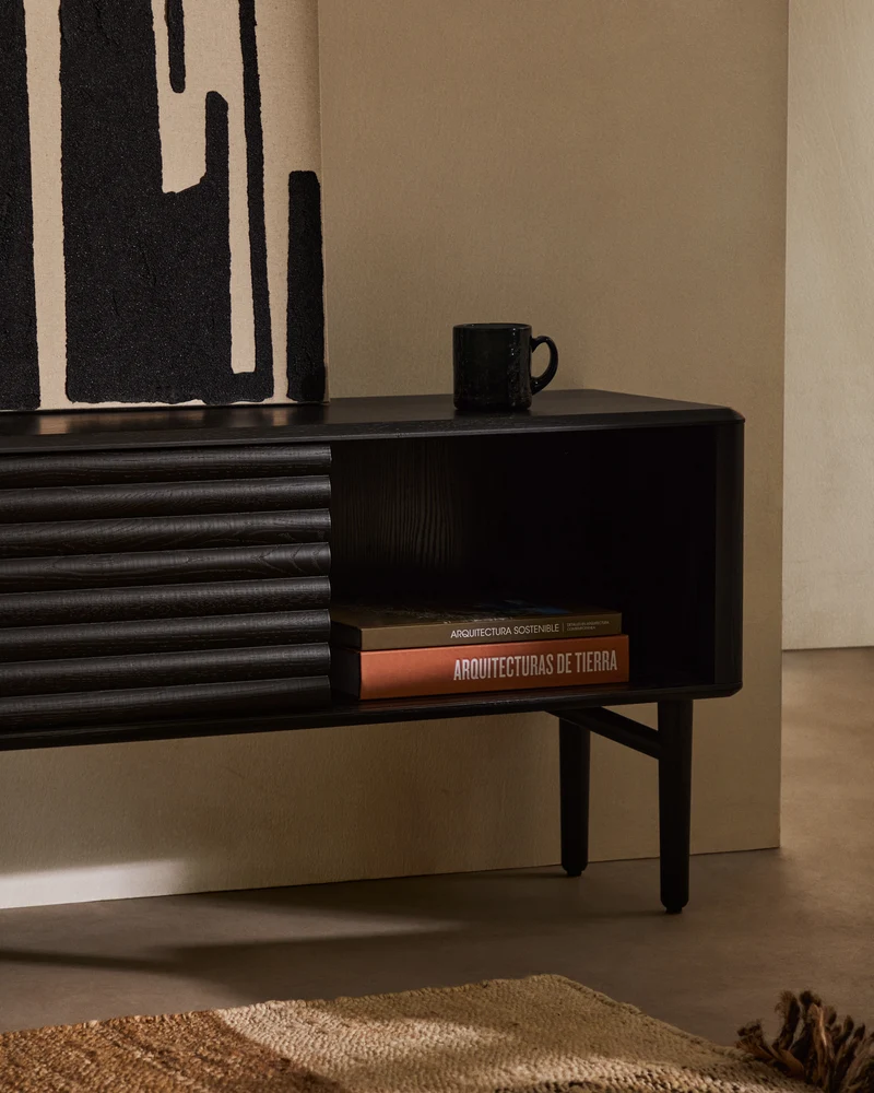 Lenon TV cabinet, 2 doors in solid wood and black oak veneer 200x57 cm FSC Mix Credit