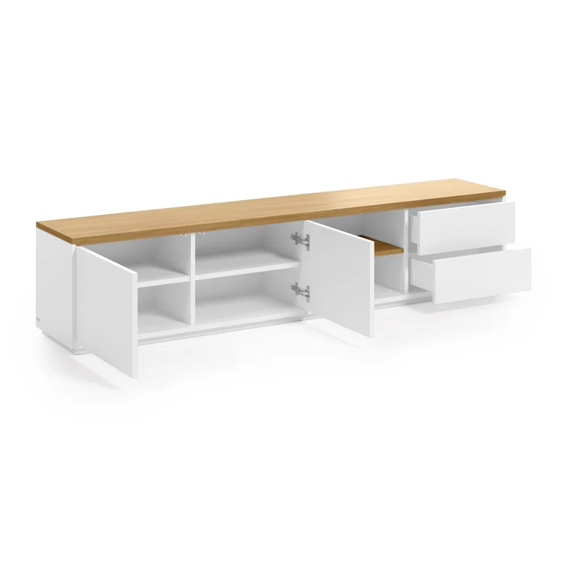 Abilen oak wood veneer TV stand with 2 doora and 2 drawers in white lacquer, 200 x 44 cm FSC 100%