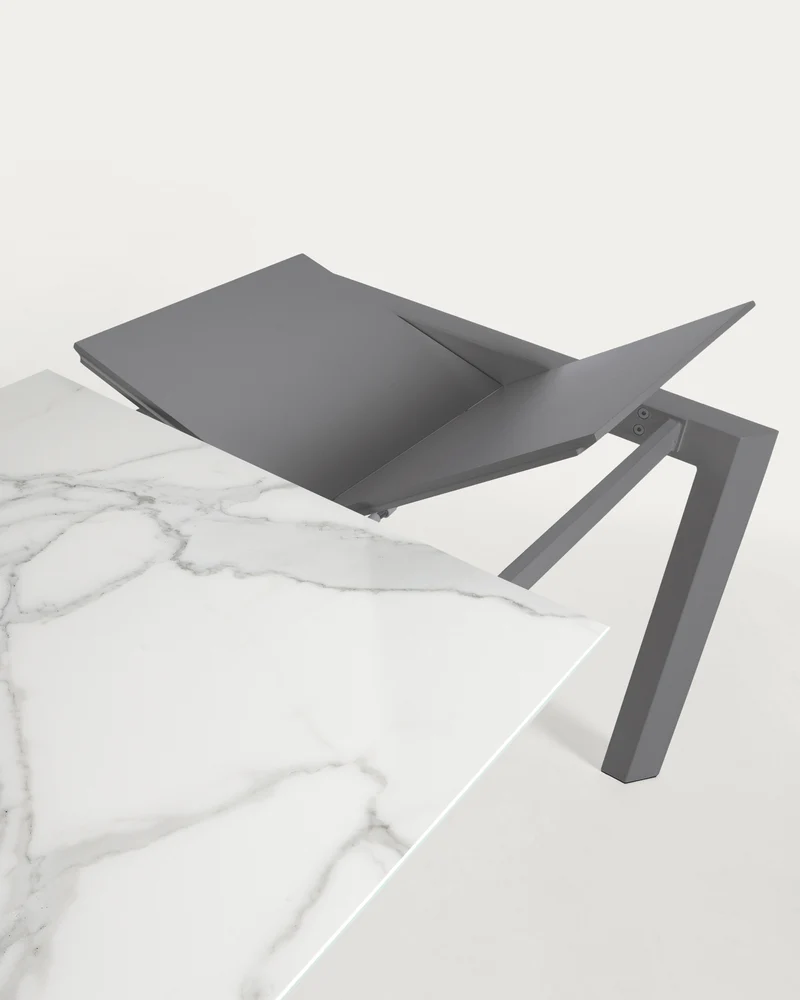 Axis extendable porcelain table with Kalos Blanco finish and dark grey steel legs, 140 (200) cm