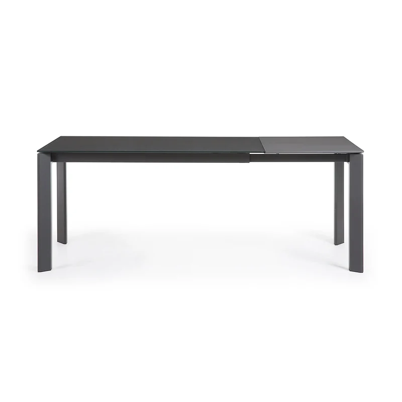 Axis extendable table in grey glass with steel legs in a dark grey finish, 140 (200) cm
