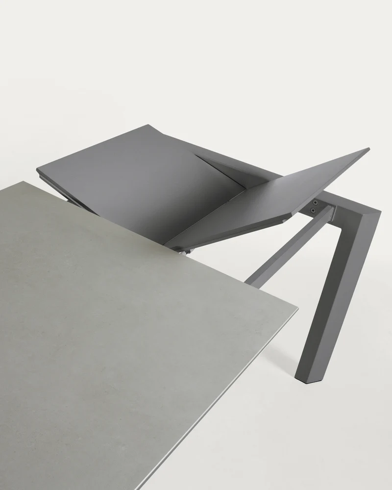 Axis extendable ceramic table in Hydra Plomo finish, anthracite steel legs 120 (180) cm