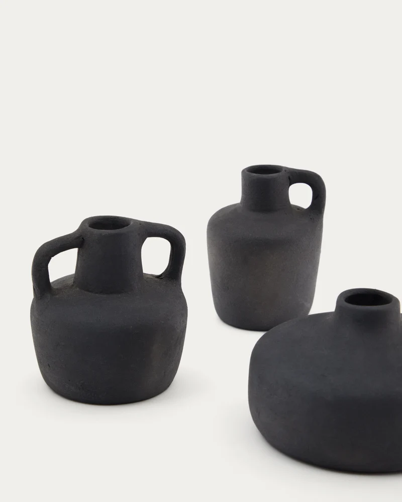 Sofra set of 3 terracotta vases in a black finish, 6 cm / 7 cm / 10 cm