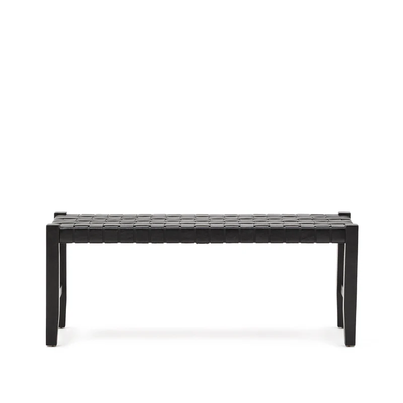 Calixta bench in leather and solid mahogany wood with black finish 120 cm