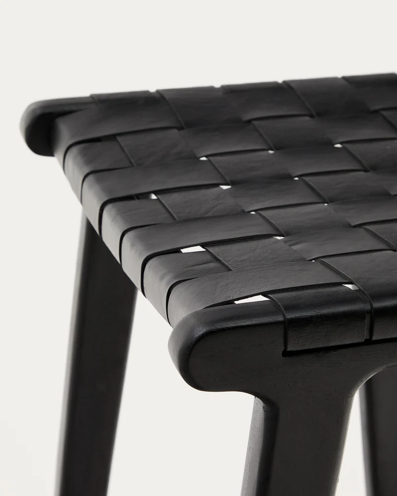 Calixta stool in leather and solid mahogany wood with black finish 67 cm