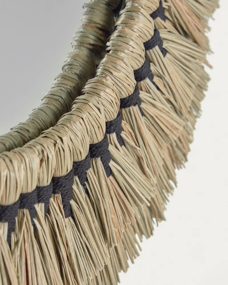 Akila round mirror made from beige natural fibres and black cotton cord, 60 cm