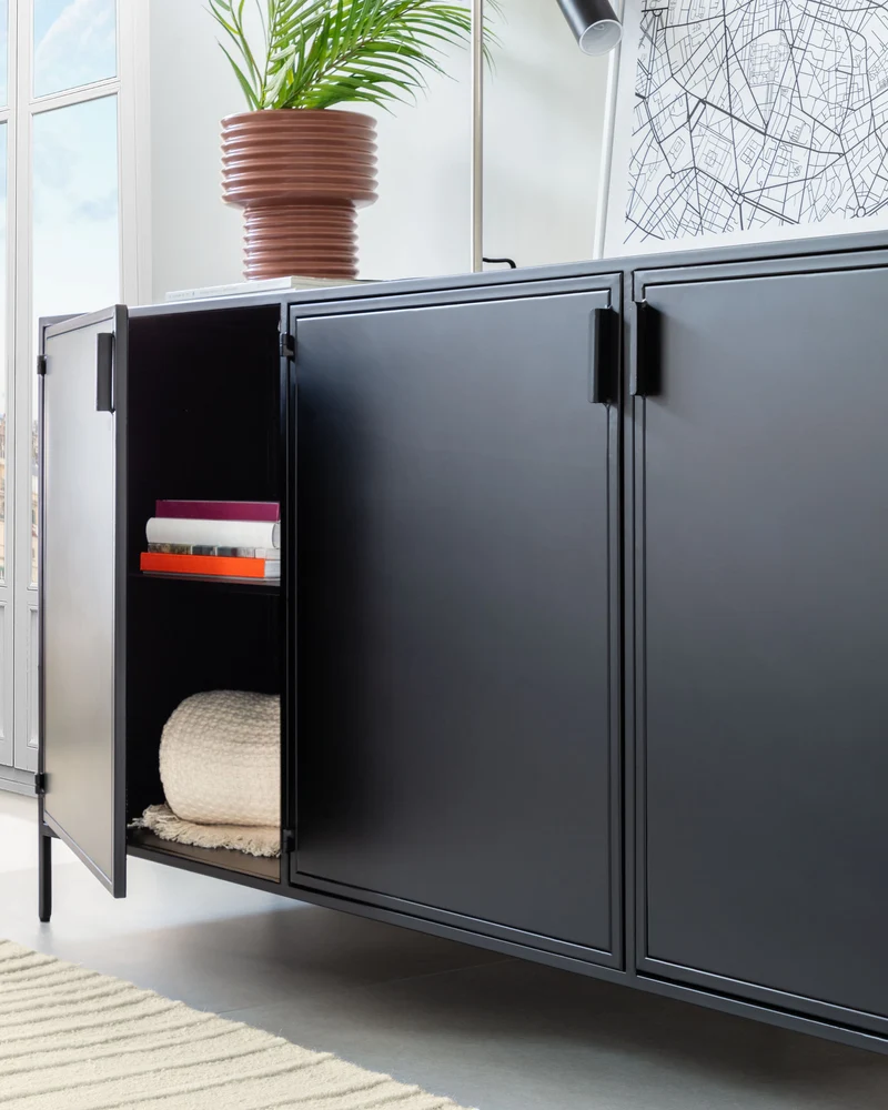 Shantay metal sideboard in a painted black finish with 3 doors, 160 x 72 cm