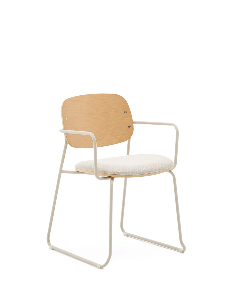 Meli chair in ash veneer with beige chenille seat and beige metal structure