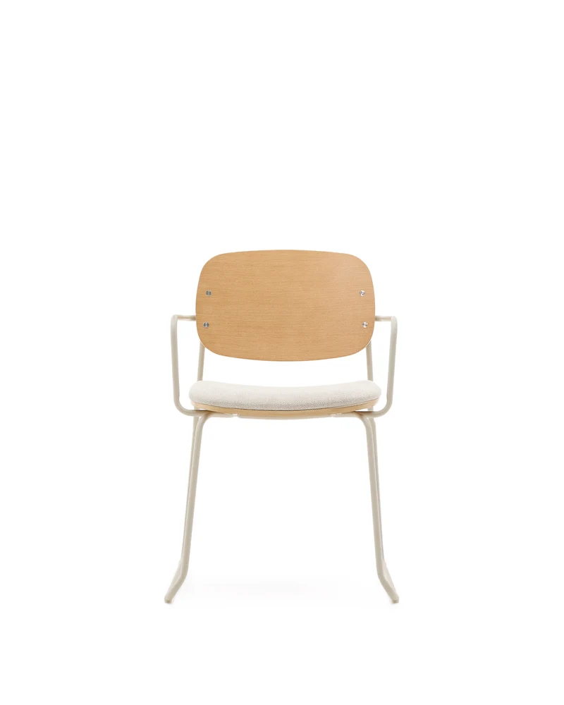 Meli chair in ash veneer with beige chenille seat and beige metal structure