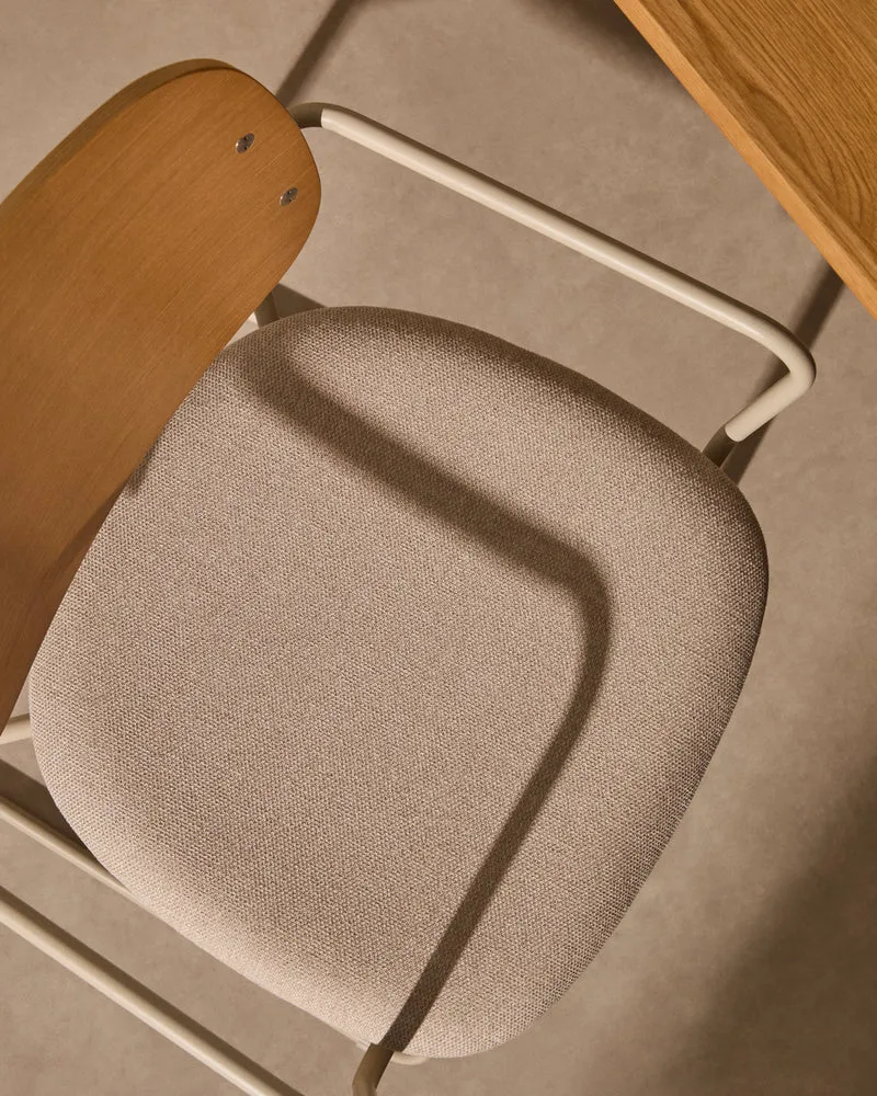 Meli chair in ash veneer with beige chenille seat and beige metal structure