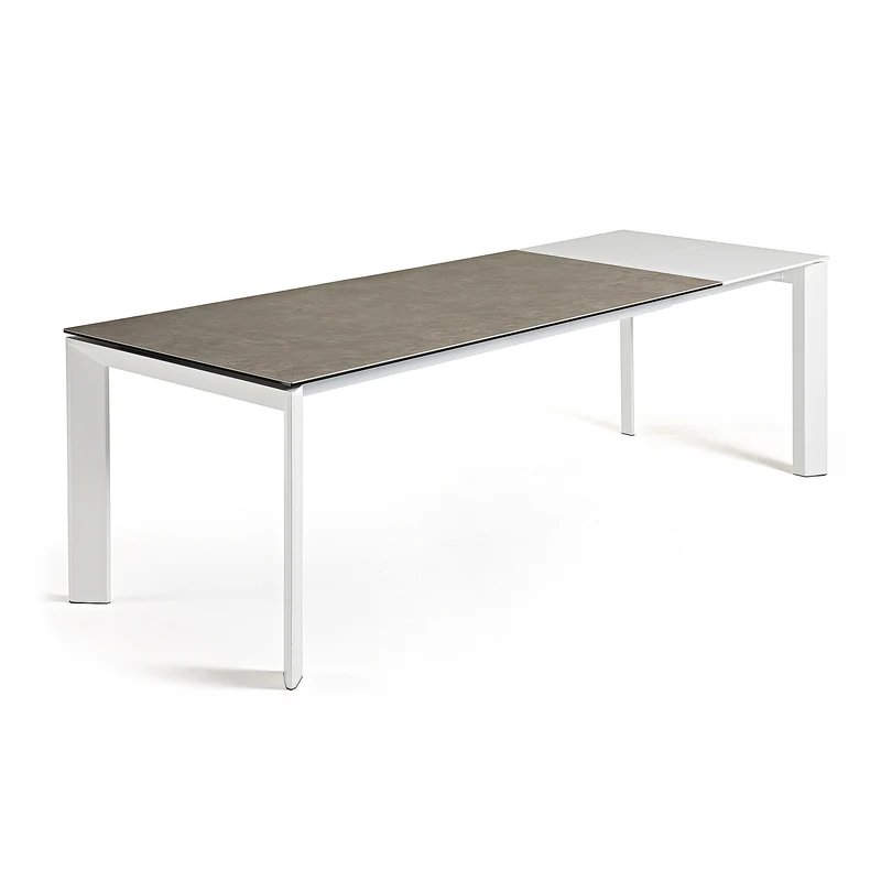 Axis extendable ceramic table in Vulcano Ceniza finish, white steel legs 160 (220) cm