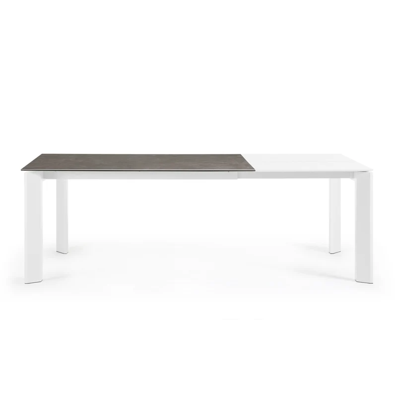 Axis extendable ceramic table in Vulcano Ceniza finish, white steel legs 160 (220) cm