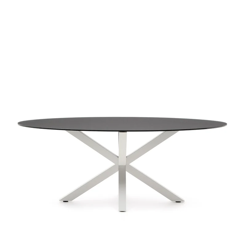 Argo oval table in matt black glass and steel legs with white finish Ø 200 x 100 cm