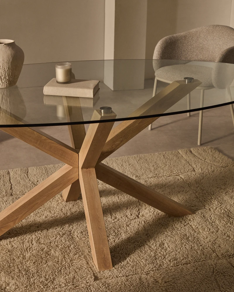 Argo oval table with glass and wood effect steel legs Ø 200 x 100 cm