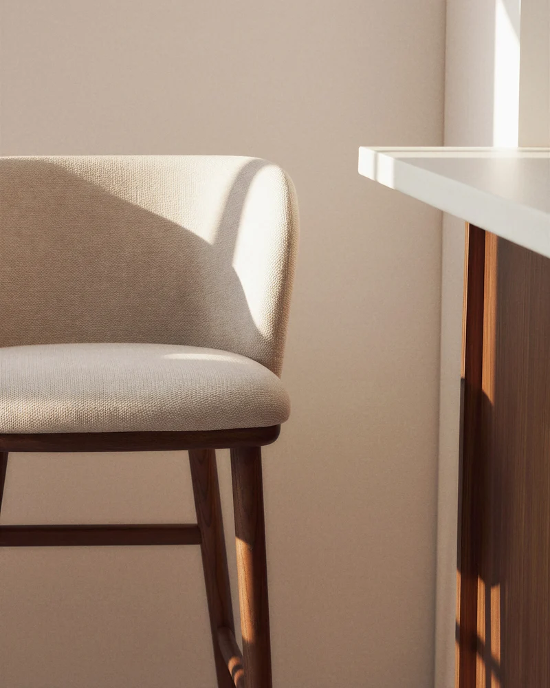 Ciselia beige chenille stool with walnut legs 75cm
