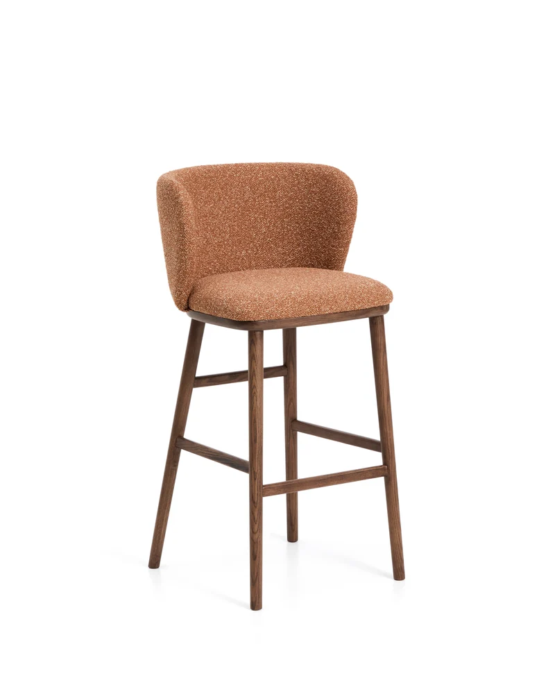Ciselia terracotta thick chenille stool with walnut legs 75cm