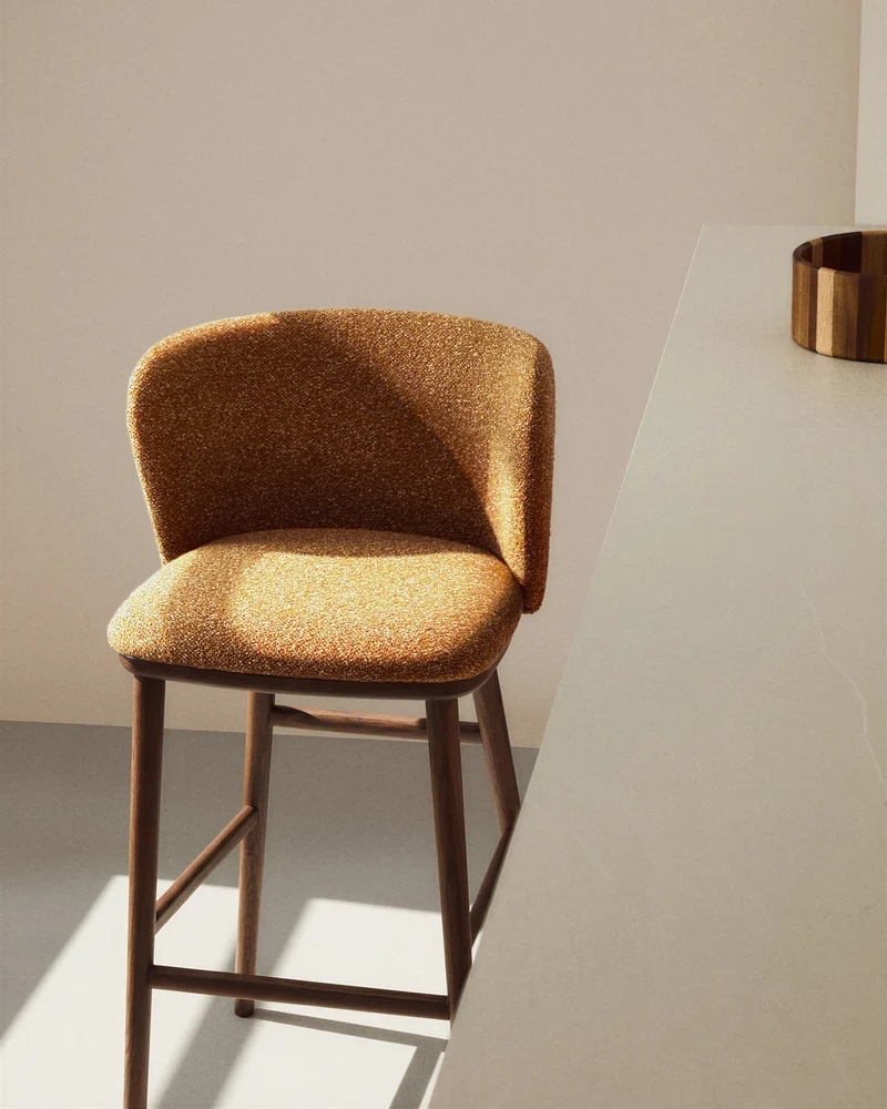 Ciselia terracotta thick chenille stool with walnut legs 75cm