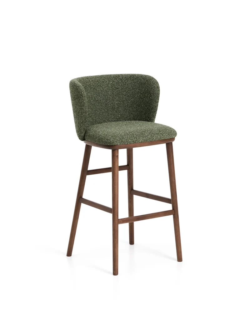 Ciselia dark green thick chenille stool with walnut legs 75cm