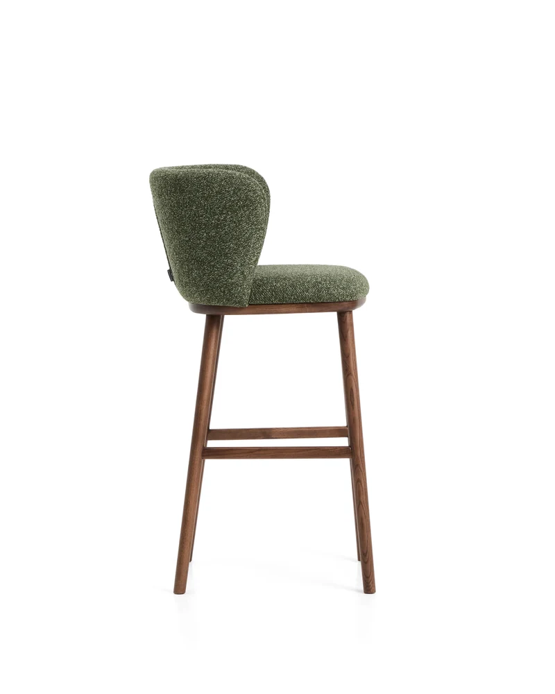 Ciselia dark green thick chenille stool with walnut legs 75cm