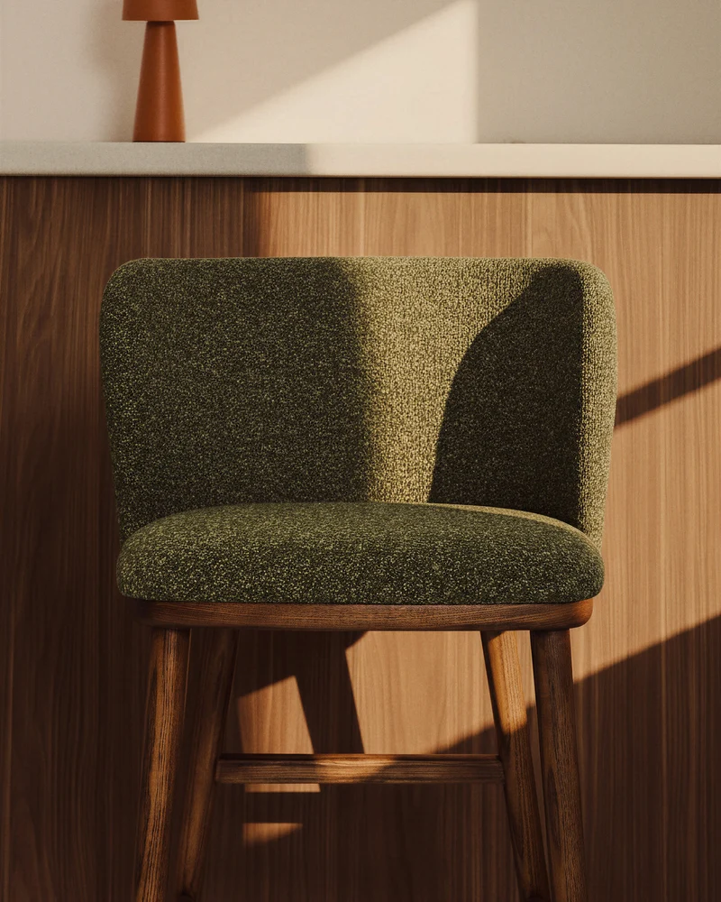 Ciselia dark green thick chenille stool with walnut legs 75cm