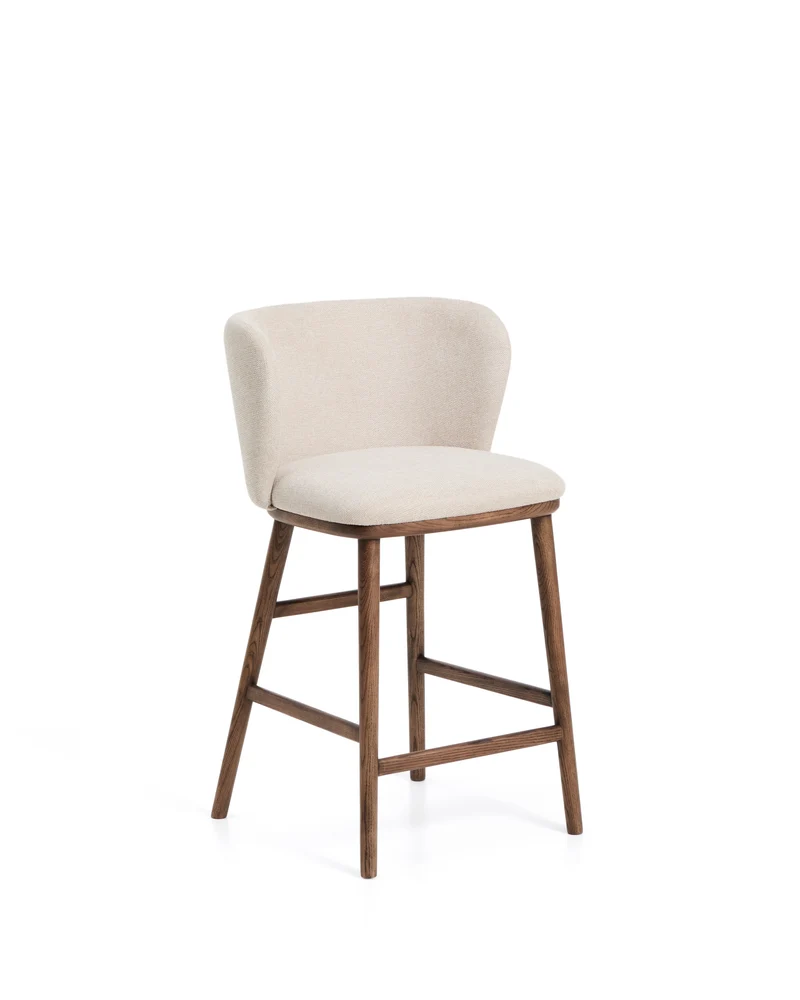 Ciselia beige chenille stool with walnut legs 65cm