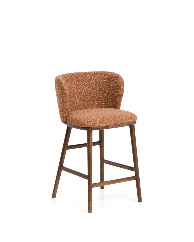 Ciselia terracotta thick chenille stool with walnut legs 65cm