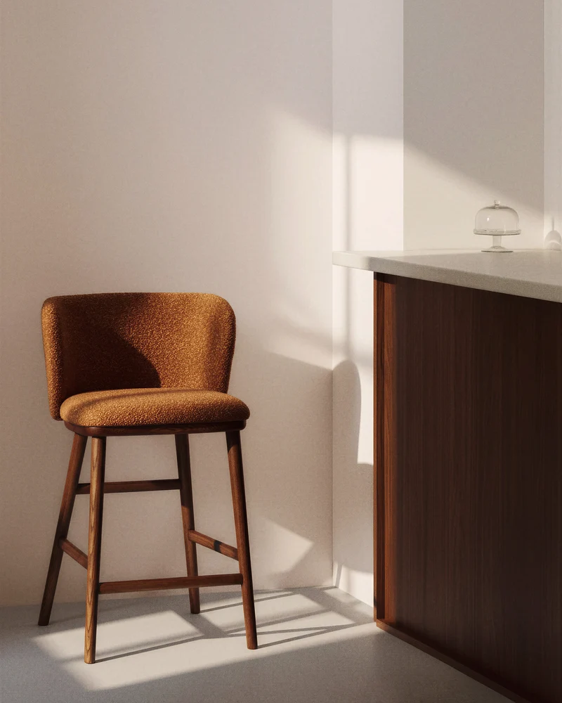 Ciselia terracotta thick chenille stool with walnut legs 65cm