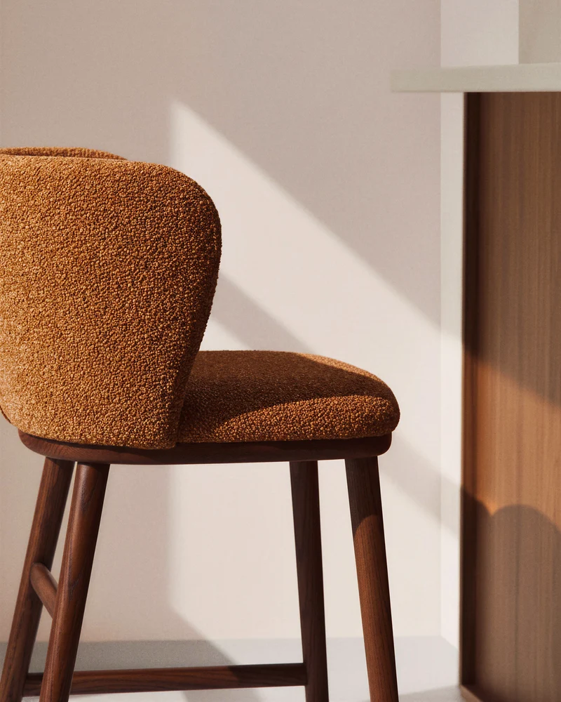 Ciselia terracotta thick chenille stool with walnut legs 65cm