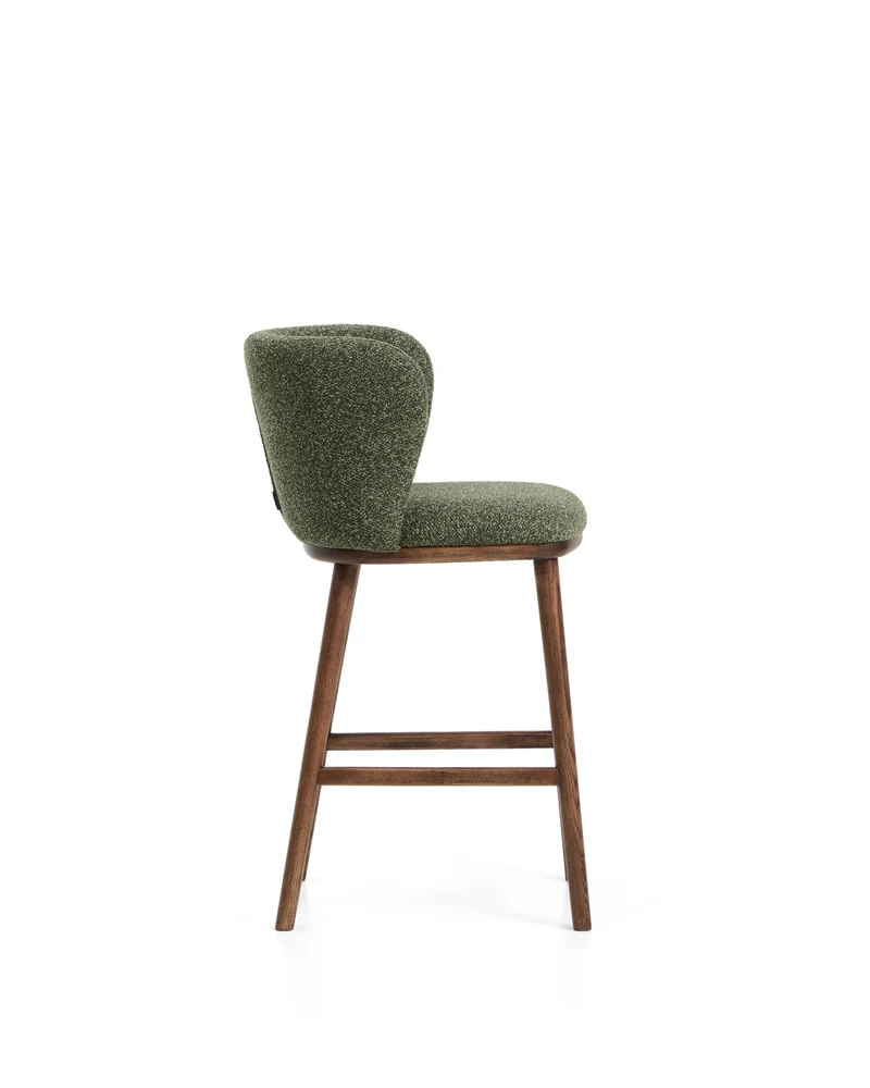 Ciselia dark green thick chenille stool with walnut legs 65cm