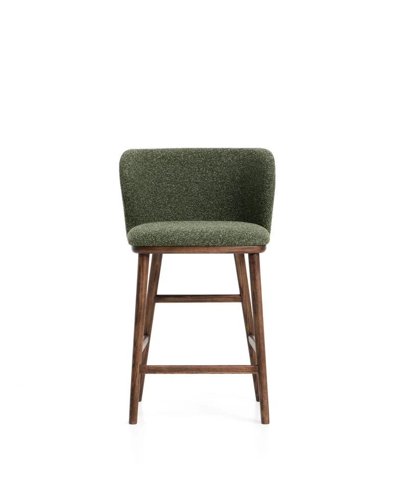 Ciselia dark green thick chenille stool with walnut legs 65cm