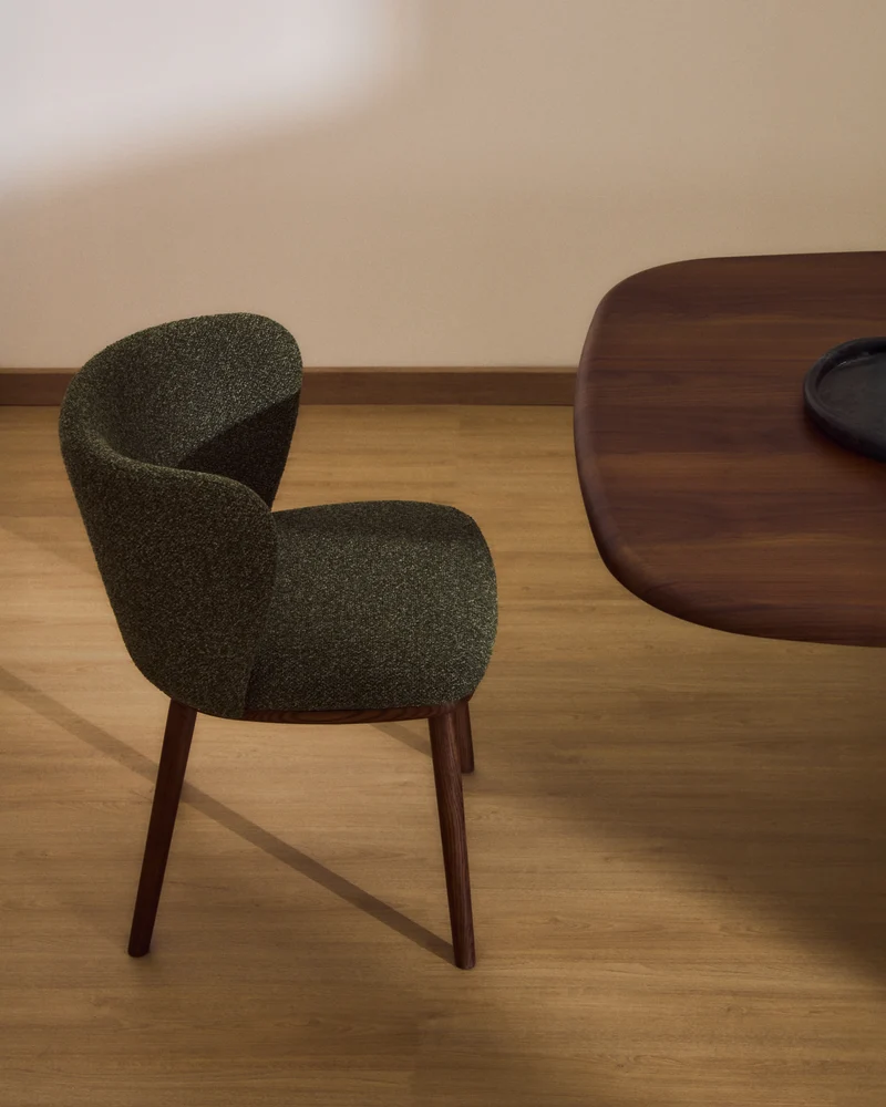 Ciselia dark green thick chenille chair with walnut legs
