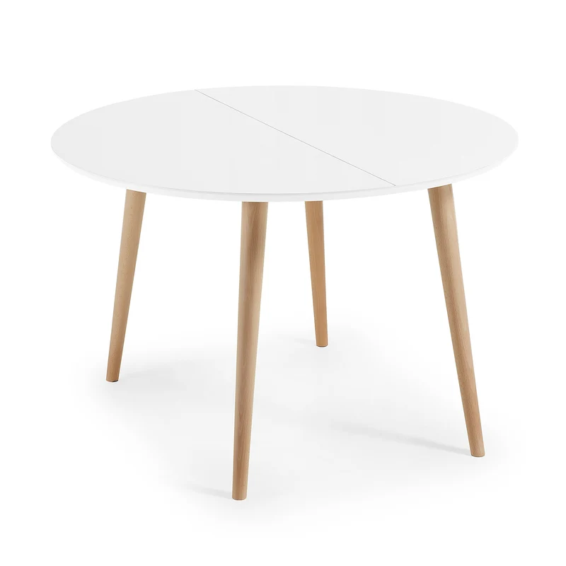 Oqui round extendable MDF table with white lacquer and solid beech legs 120(200)x120 cm