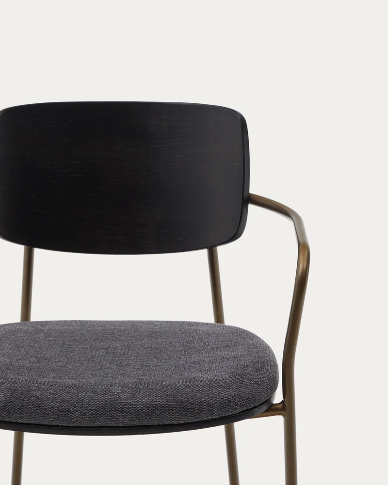 Maureen stackable chair in poplar plywood with dark tone finish and brass-finish metal, 100% FSC