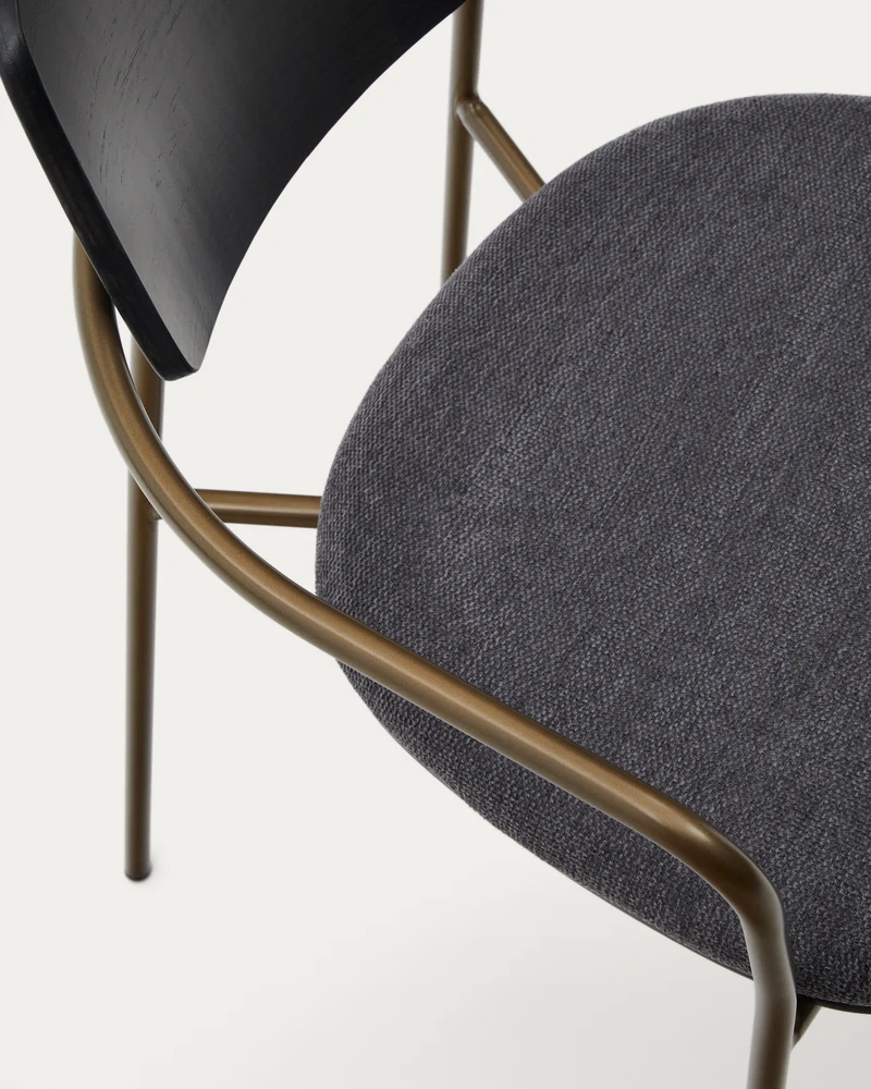Maureen stackable chair in poplar plywood with dark tone finish and brass-finish metal, 100% FSC