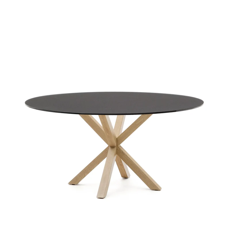 Argo round table in frosted black glass and wood effect steel legs, Ø 150 cm