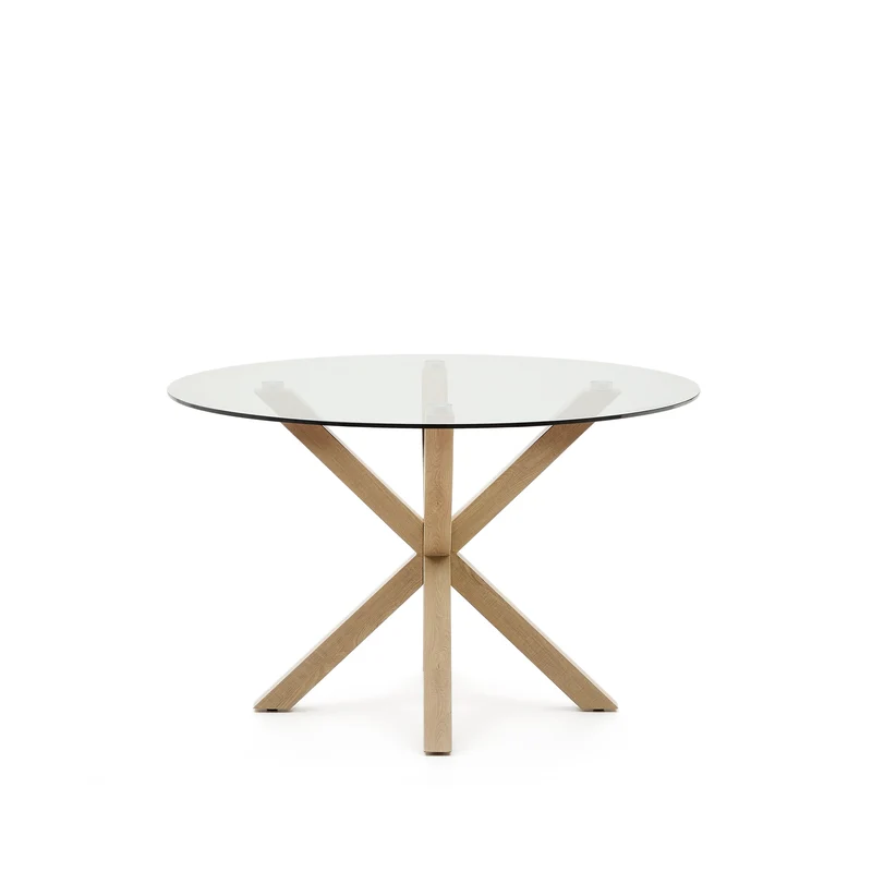 Argo round glass table with steel legs with wood-effect finish Ø 119 cm