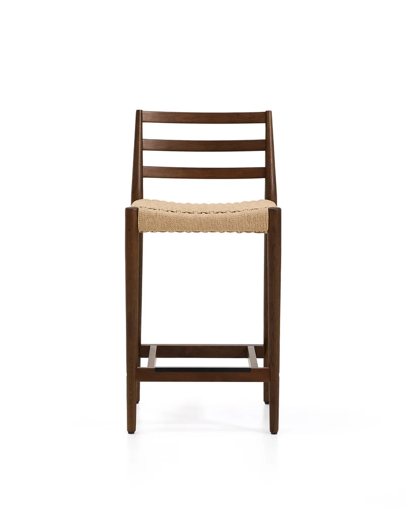 Analy stool with backrest in solid oak wood with walnut-tone finish and rope seat 65 cm