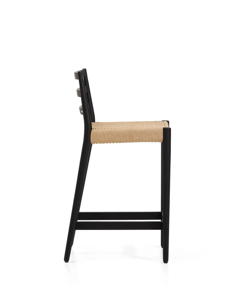 Analy stool with a backrest in solid oak wood in a black finish and rope cord seat 65 cm