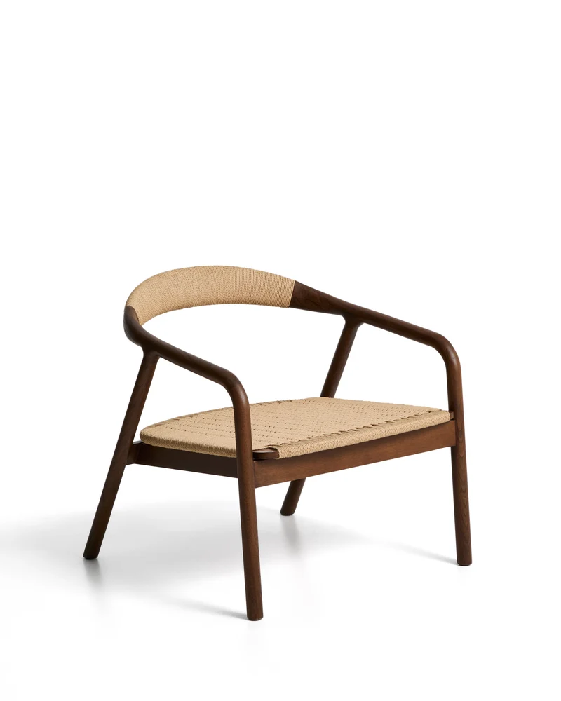 Derile armchair in solid oak wood with walnut finish and beige paper rope cord FSC 100%