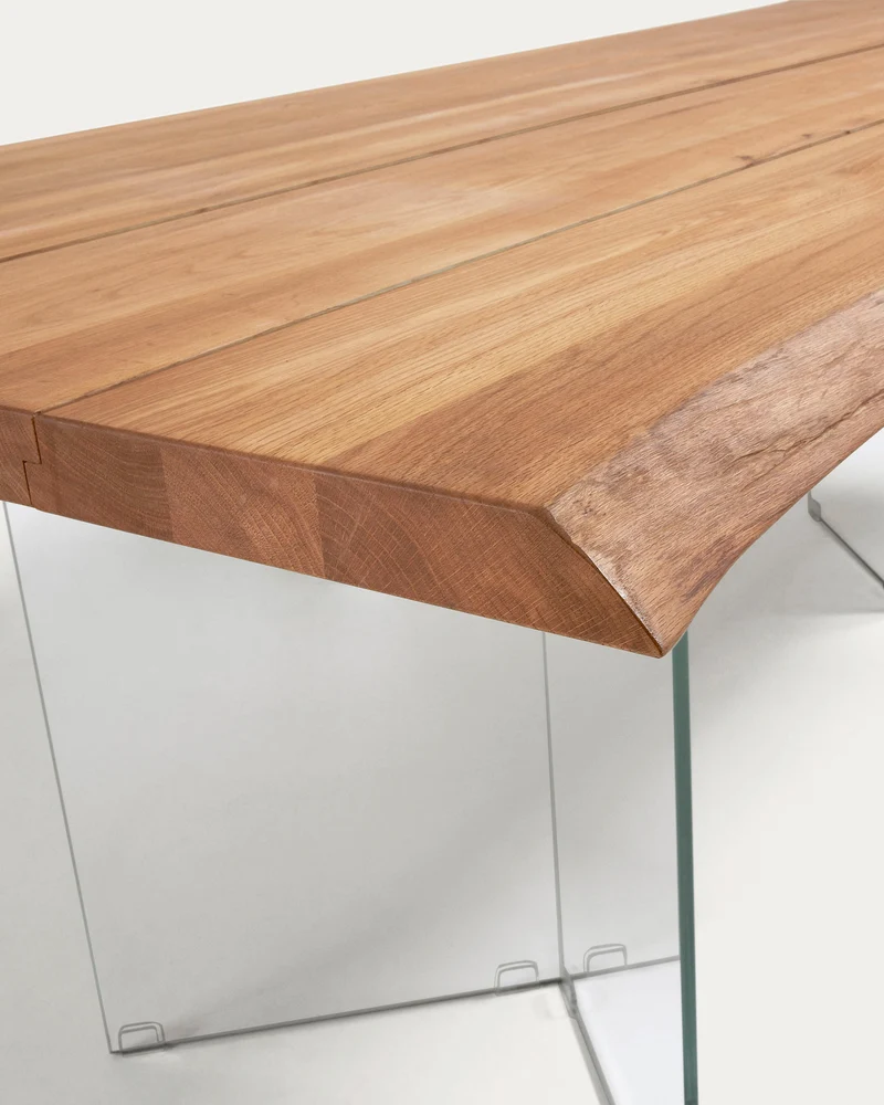 Lotty oak veneer table wit a natural finish and glass legs, 220 x 100 cm