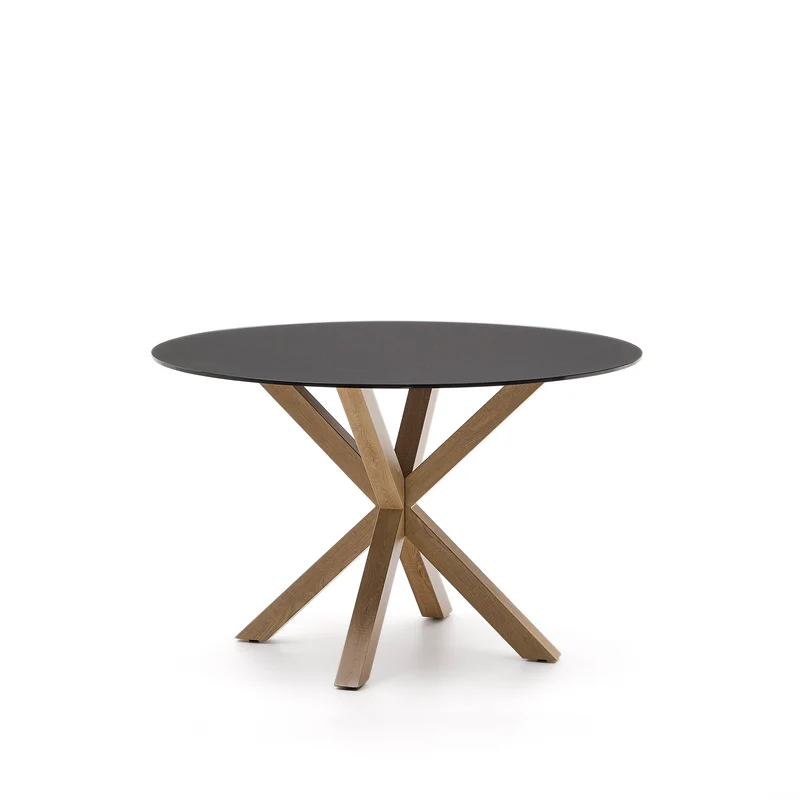 Argo round table in frosted black glass and wood effect steel legs, Ø 120 cm