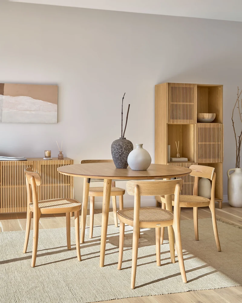 Romane chair in solid beech with natural finish, ash veneer and rattan