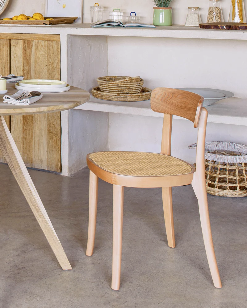 Romane chair in solid beech with natural finish, ash veneer and rattan