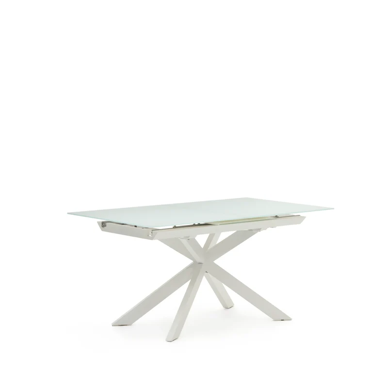 Atminda extendable table in glass and MDF with steel legs in white, 160 (210) x 90 cm