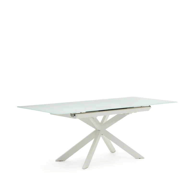 Atminda extendable table in glass and MDF with steel legs in white, 160 (210) x 90 cm