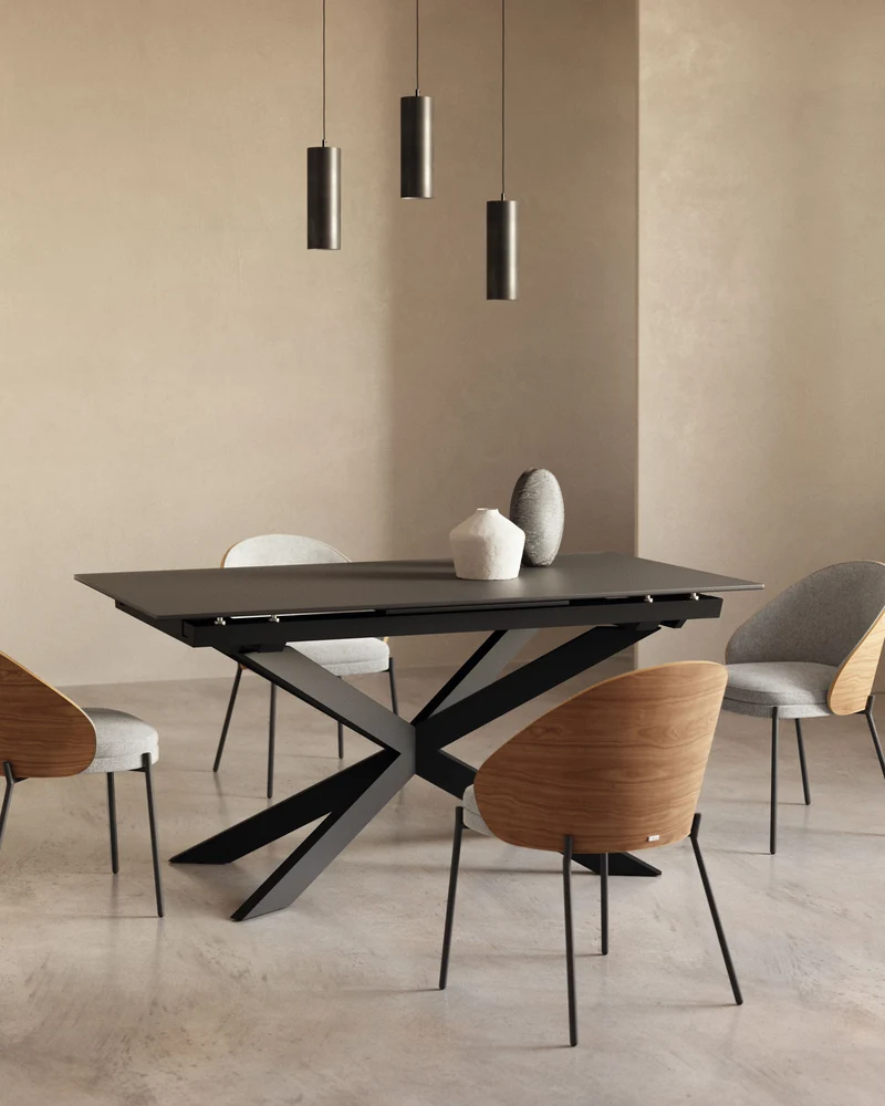 Atminda extendable table in glass and MDF with steel legs in white, 160 (210) x 90 cm