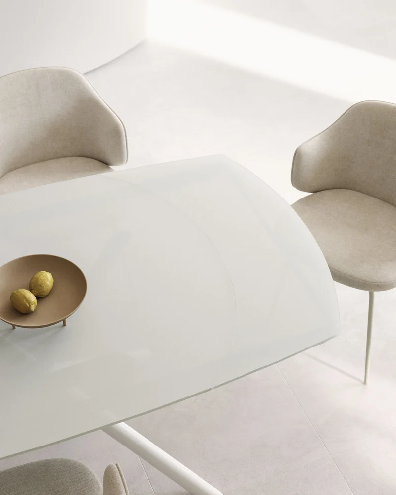 Yodalia extendable table in tempered glass with steel legs in a white finish 130(190)x100 cm